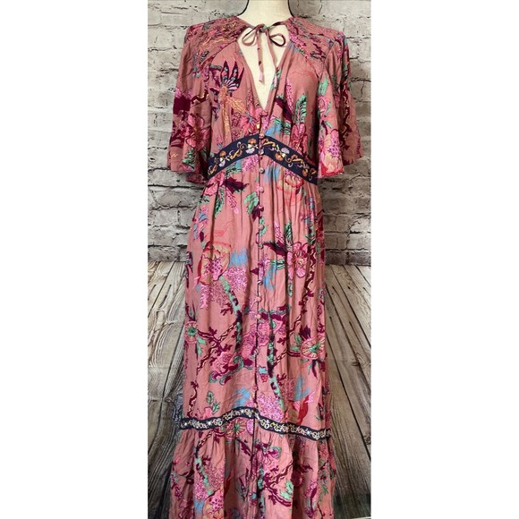 Anthropologie Ruffled Embroidered Maxi Dress Women Casual Printed Boho Cut Out M - Picture 7 of 15